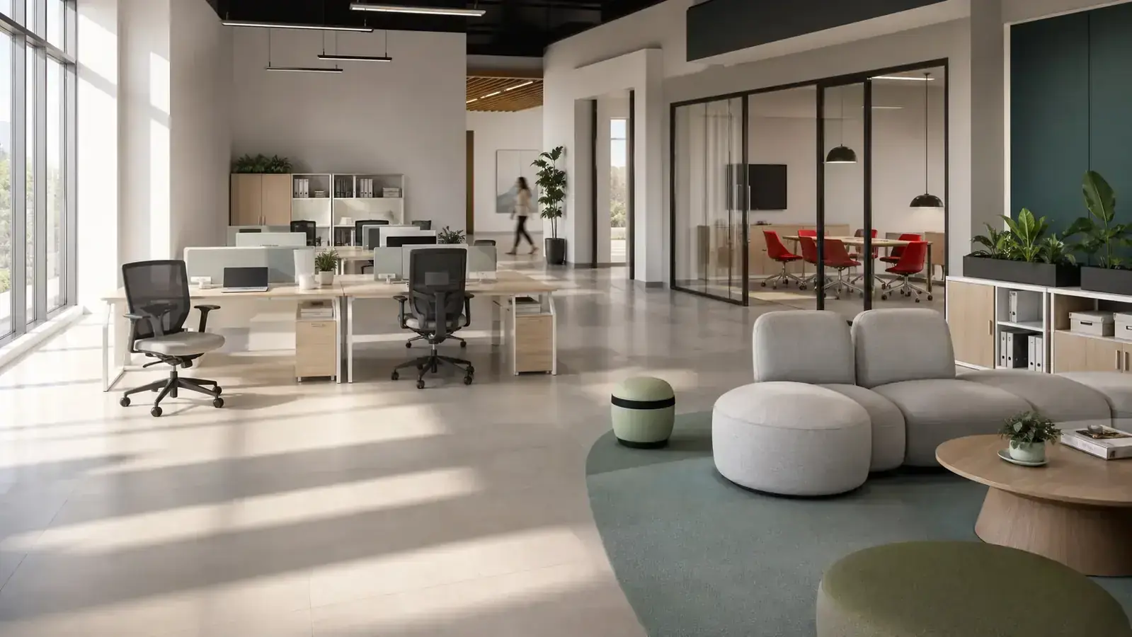 Complete ETTES workplace with ergonomic seating, workstations, meeting furniture, lounge seating, and integrated storage