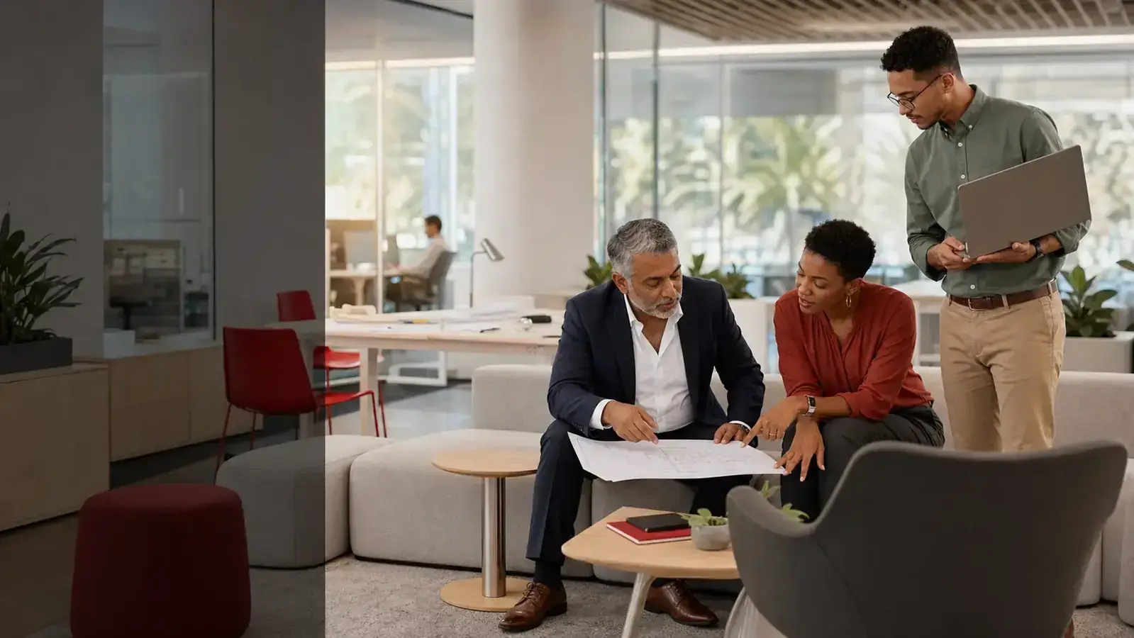 Three distinct workplace professionals reviewing a floor plan in a coordinated ETTES collaboration space